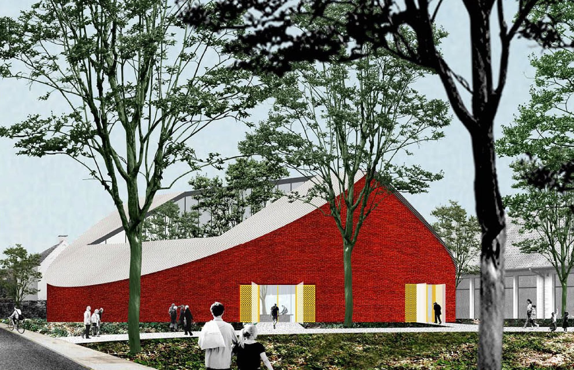 Ontwerpbeeld van de bibliotheek in rode baksteen met golvend dak